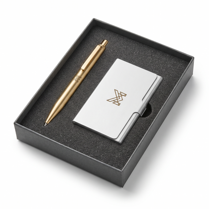 Stylo en laiton brossé et porte-cartes en aluminium gravés, dans leur coffret