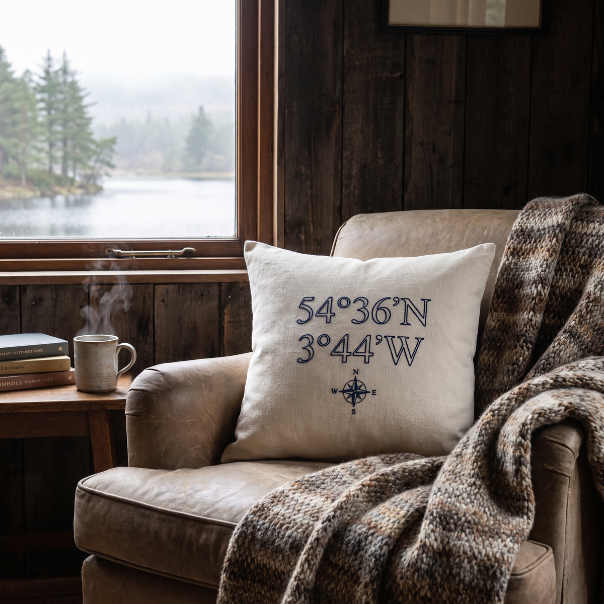 Coussin brodé aux coordonnées du chalet