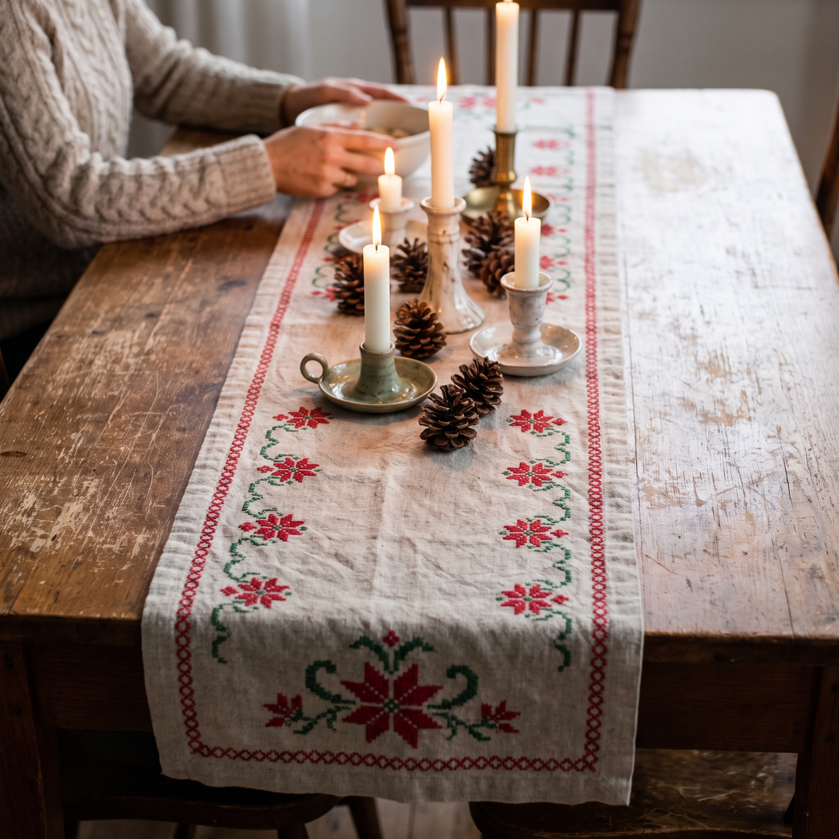 Chemin de table de Noël brodé